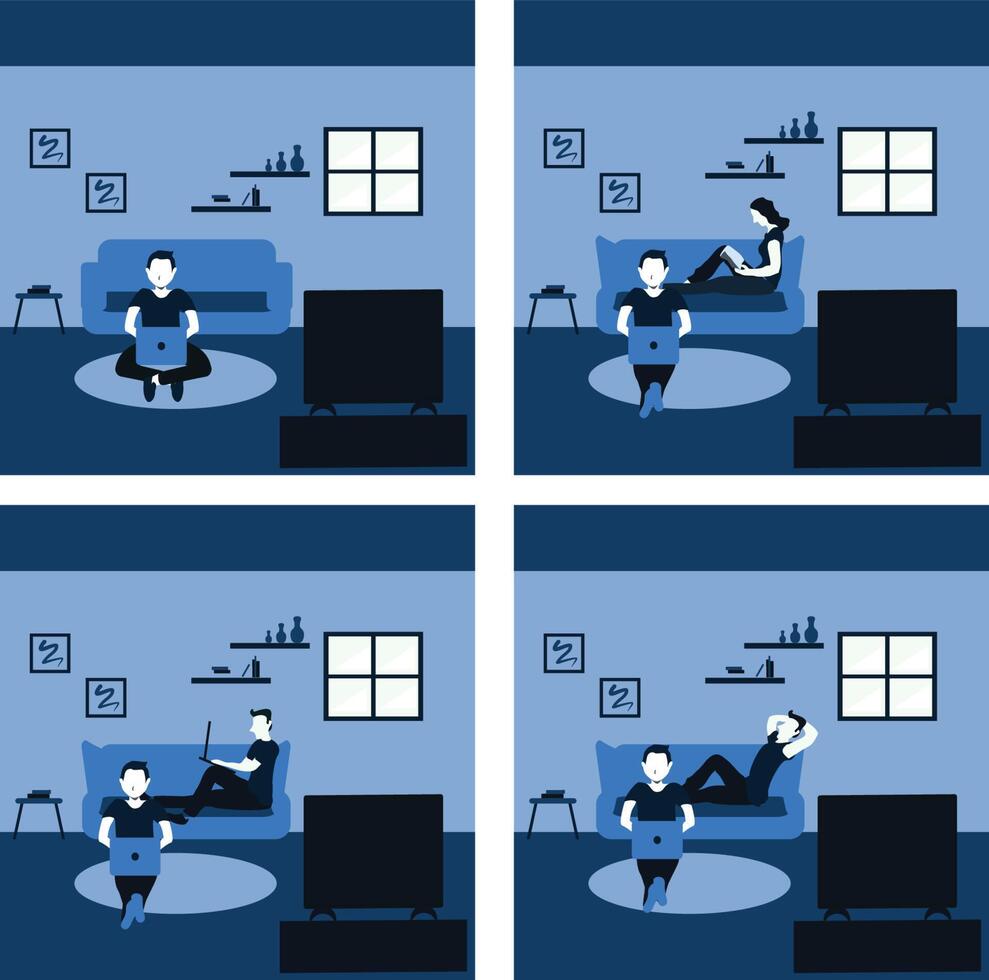a young man learning and watching a television with his friend - two tone flat cartoons illustrations set vector