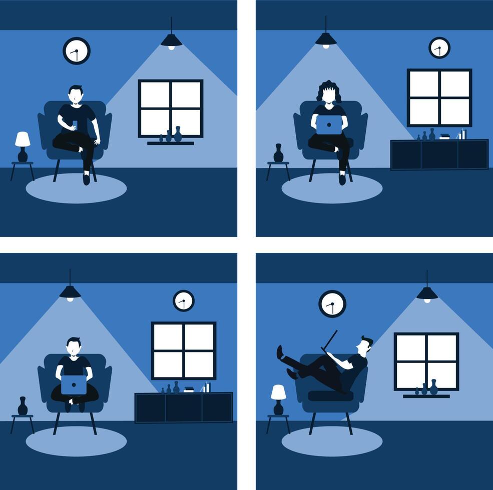a man and woman casually work from home on the favorite sofa - two tone flat cartoons illustrations set vector