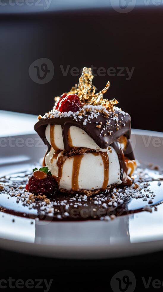 A dessert on a white plate with chocolate sauce photo