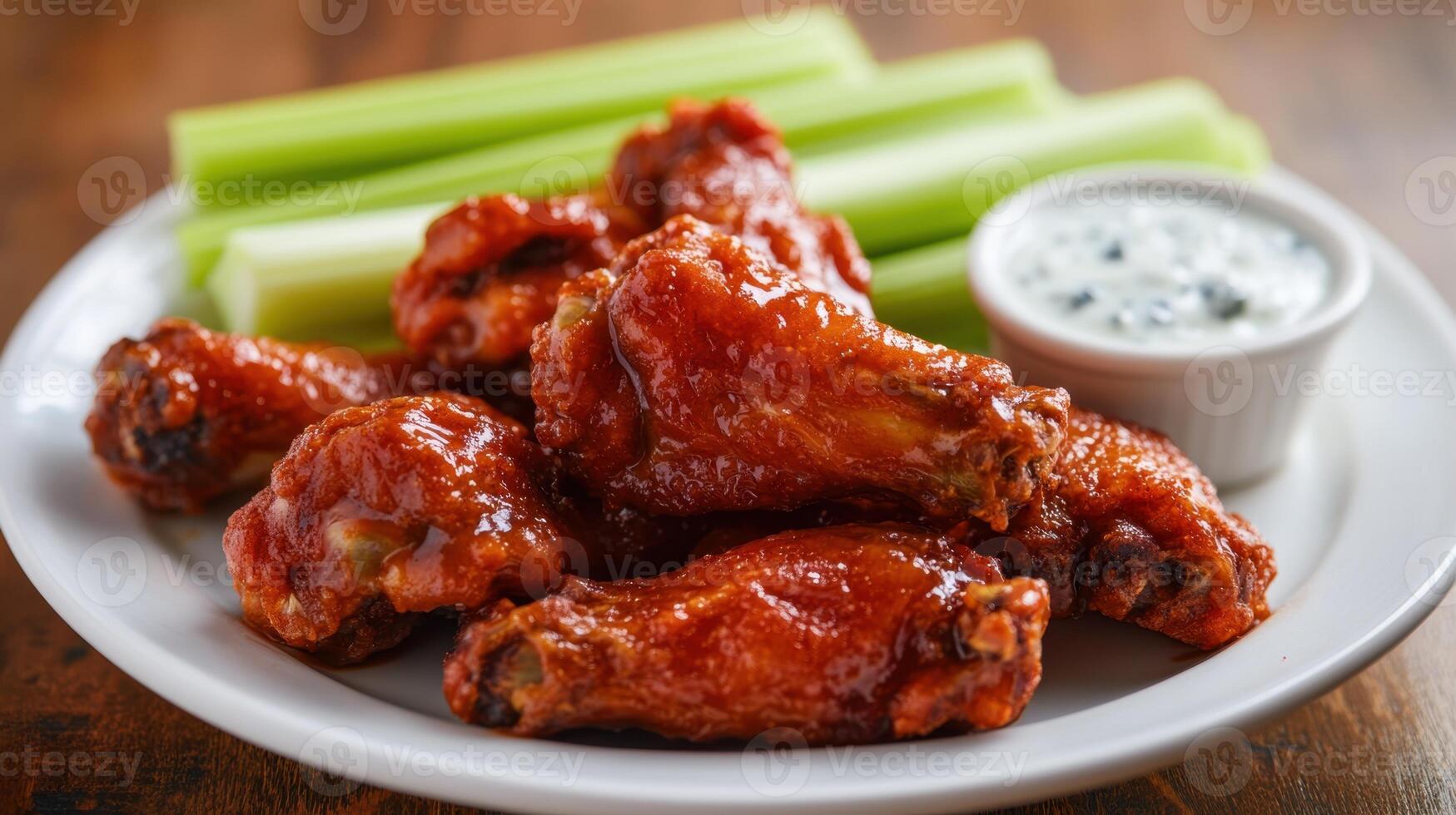 Buffalo chicken wings with celery sticks and tzatziki sauce photo