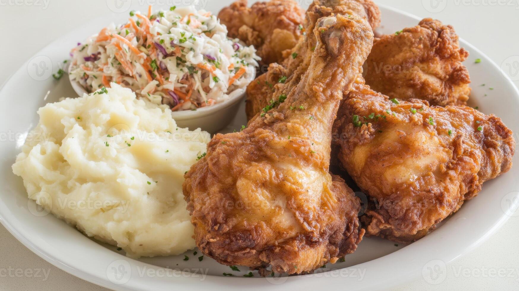 Fried chicken drumsticks with mashed potatoes and coleslaw salad photo