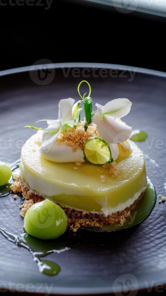A dessert with lime and cream on a black plate photo