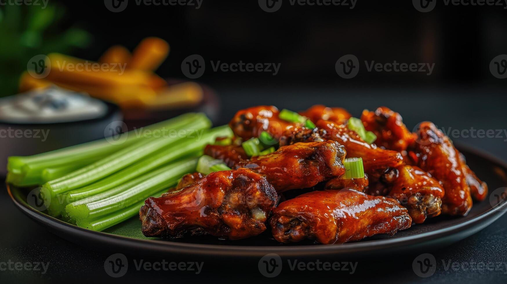 baked chicken wings with celery and sauce on a black plate photo