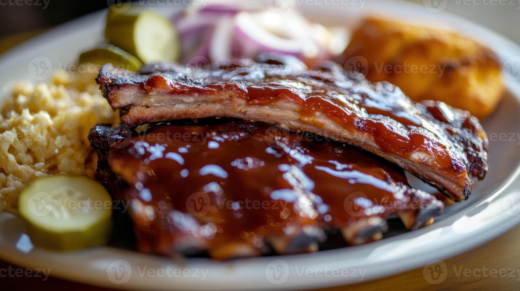Barbecue beef ribs with rice and pickled cucumber on wooden table photo