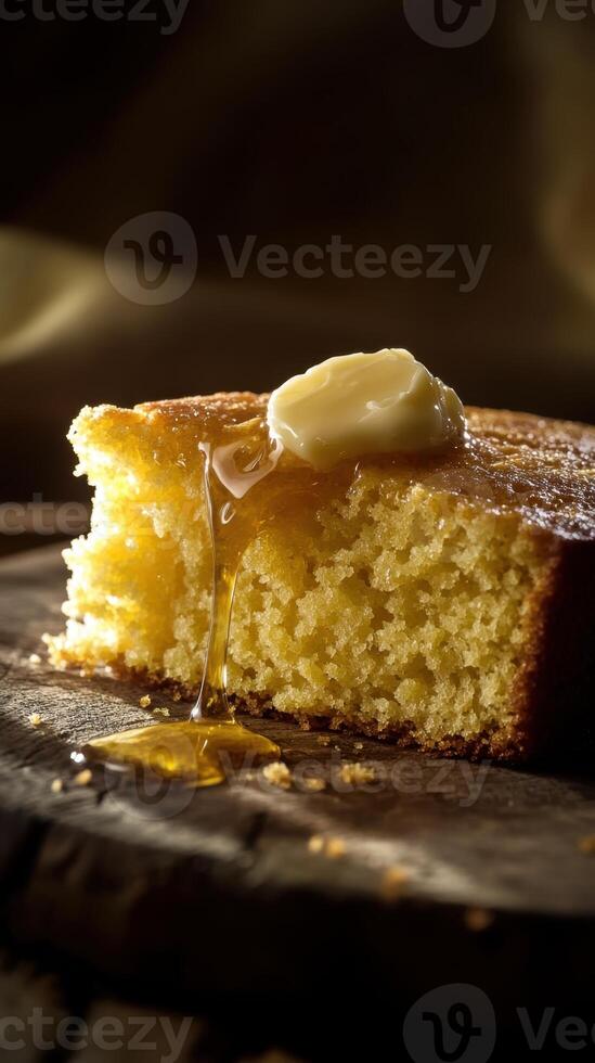 Homemade cake with butter and honey on wooden background. photo