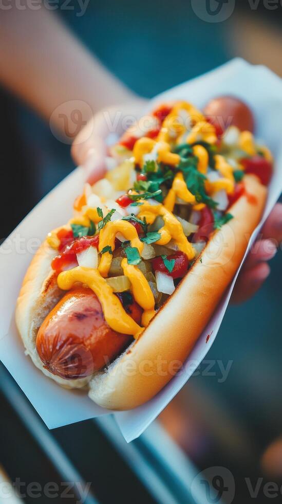 Close up of hot dog with mustard and ketchup in woman hand photo