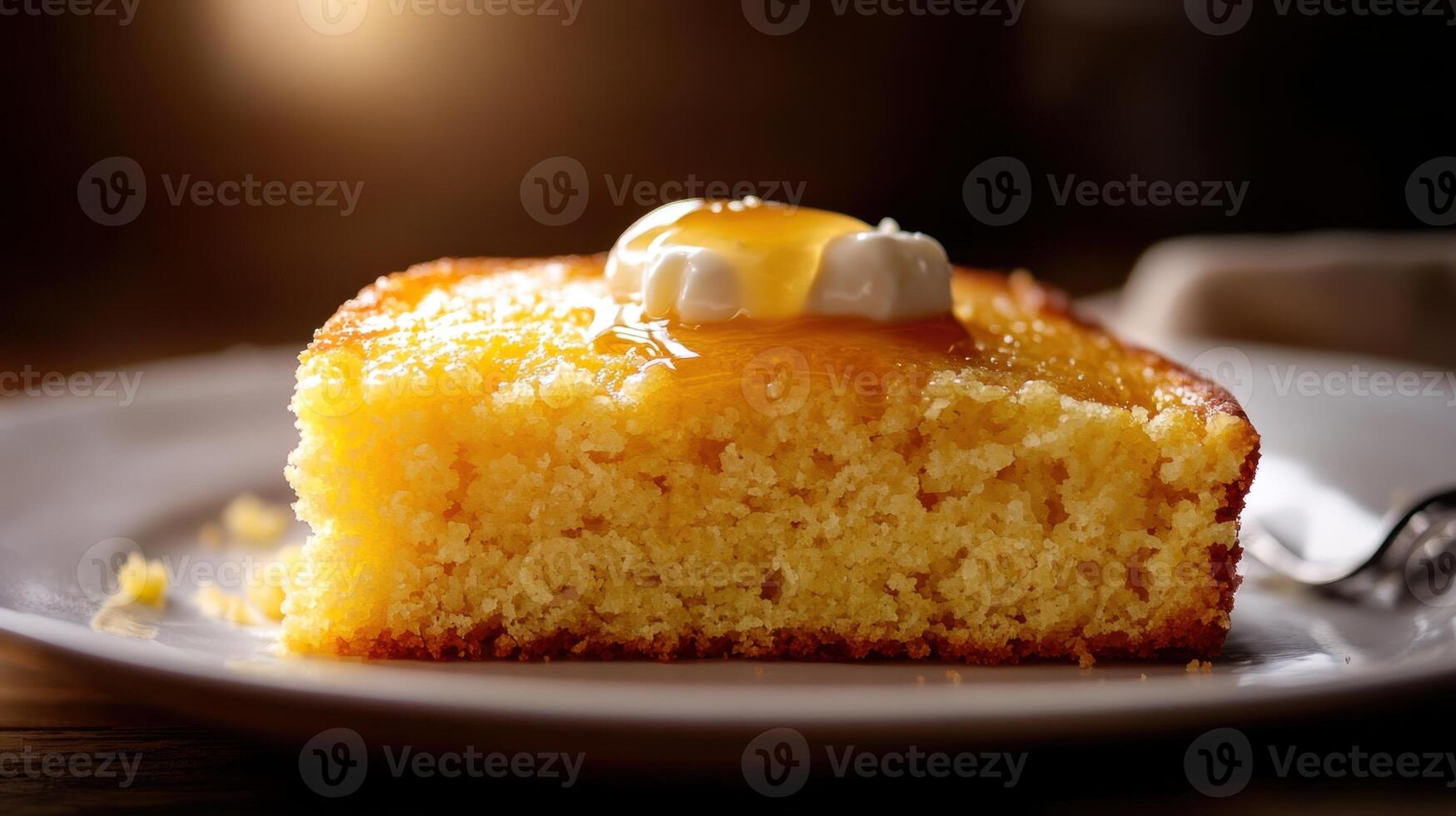 Piece of homemade sponge cake with butter on top photo