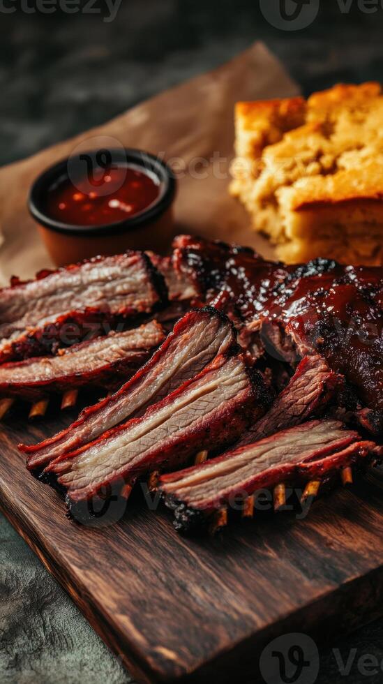 Baked beef ribs with barbecue sauce on wooden cutting board over dark background photo