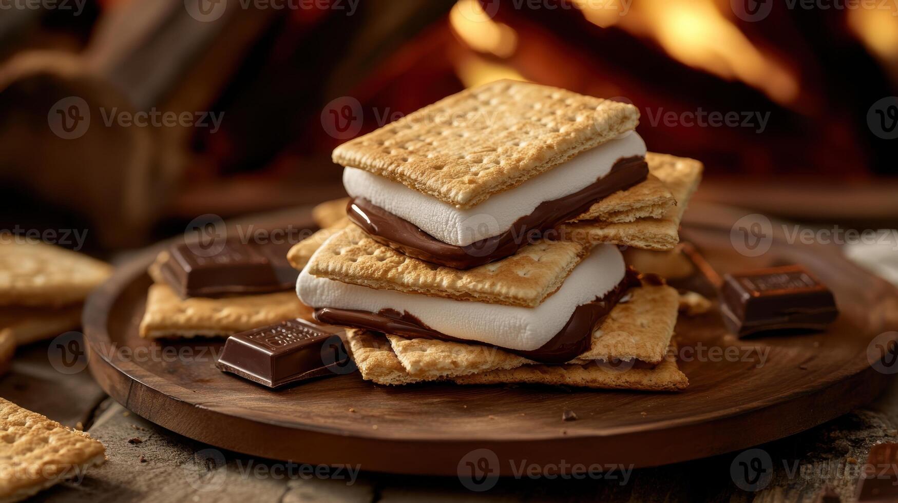 S'mores with chocolate and marshmallows on a wooden plate photo