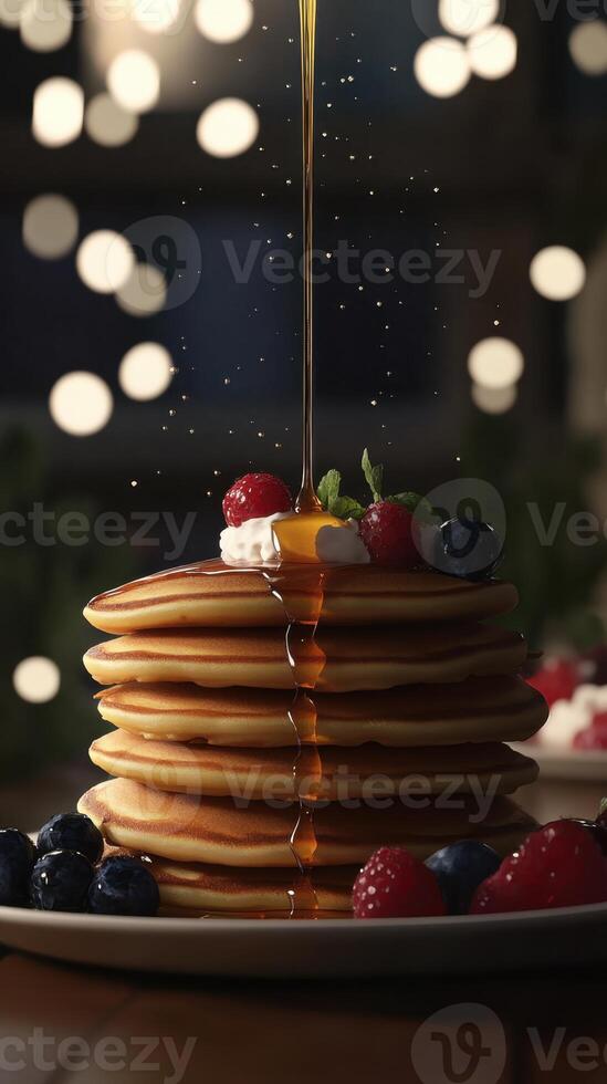 Pouring maple syrup onto stack of pancakes with berries, closeup photo
