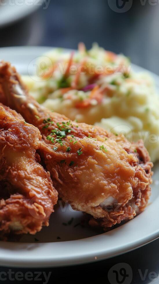 Crispy fried chicken legs with mashed potatoes and coleslaw photo