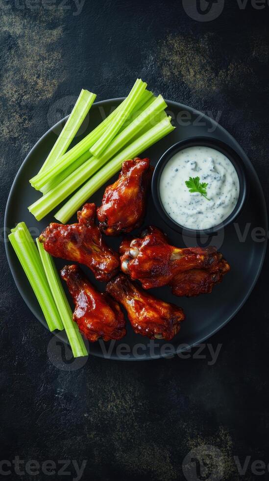 Barbecue chicken wings with celery and sauce as top view on a modern design plate photo
