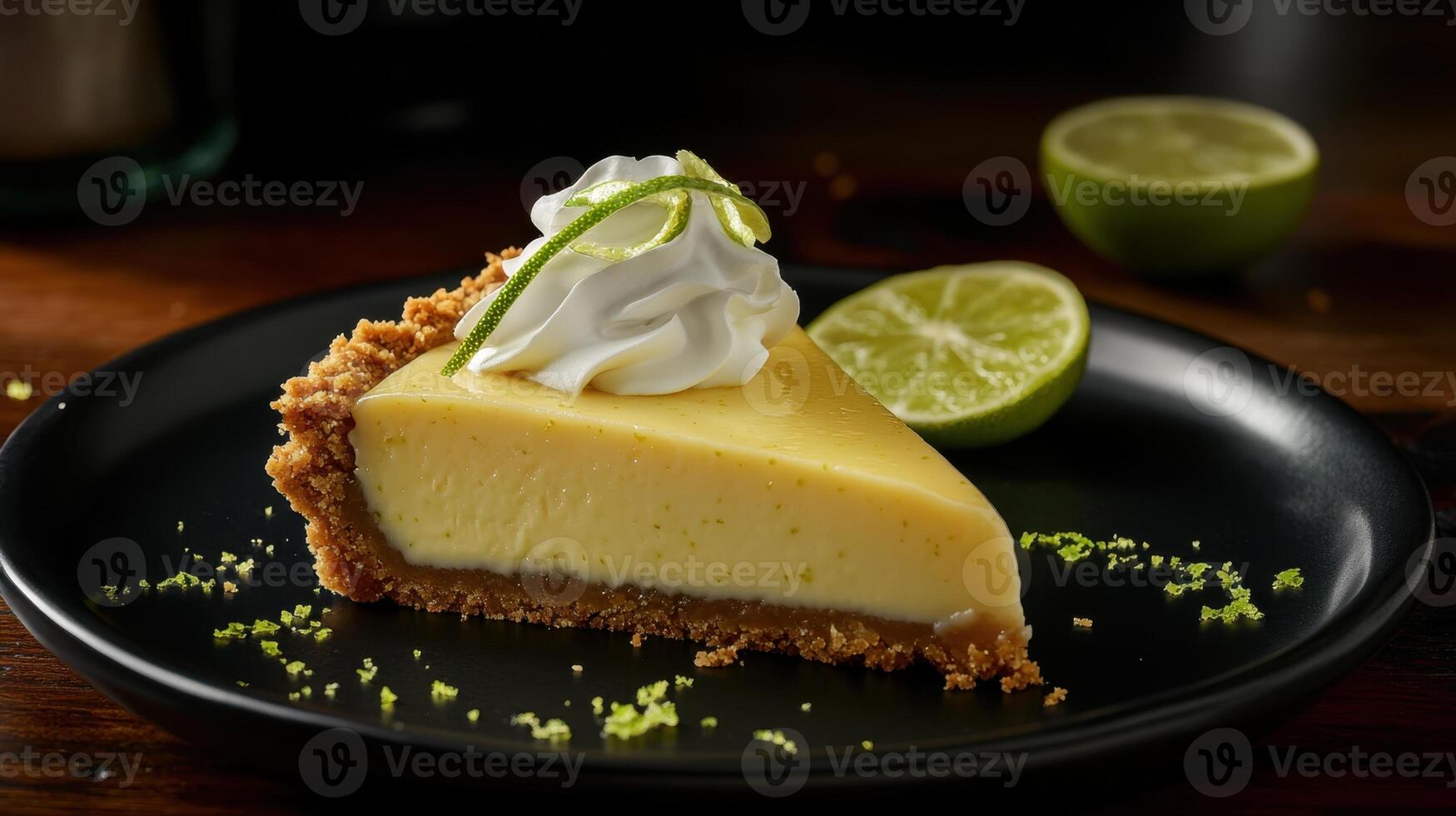 A slice of key lime pie on a black plate photo