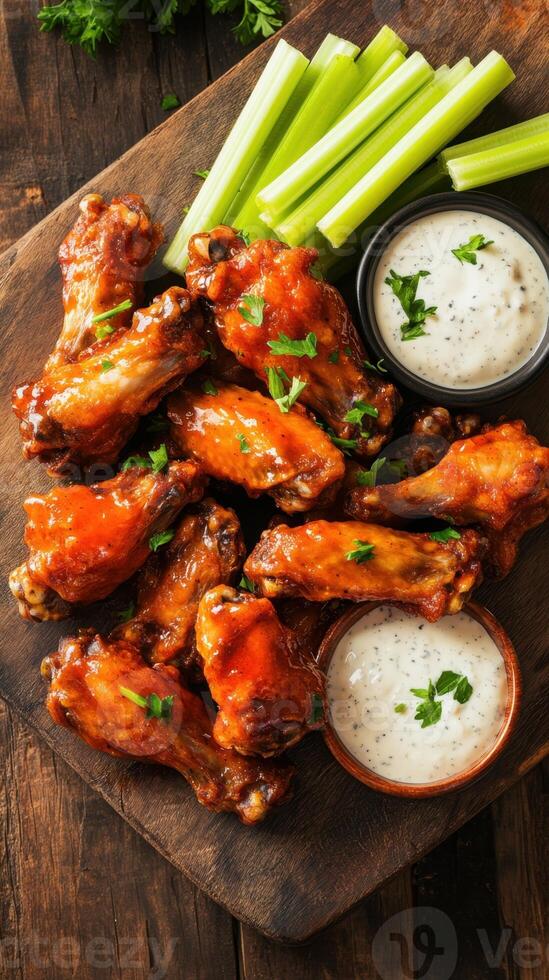Buffalo chicken wings with celery sticks and dipping sauce on wooden board photo