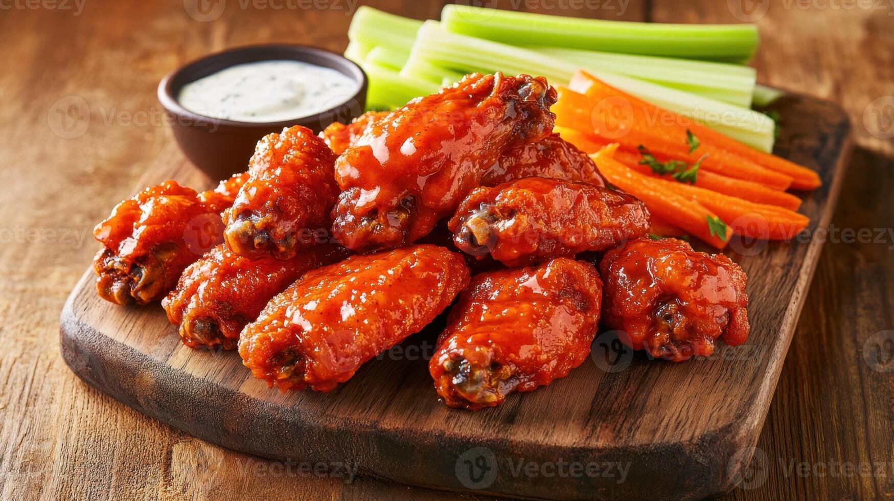 Buffalo chicken wings with celery and carrots on wooden cutting board photo