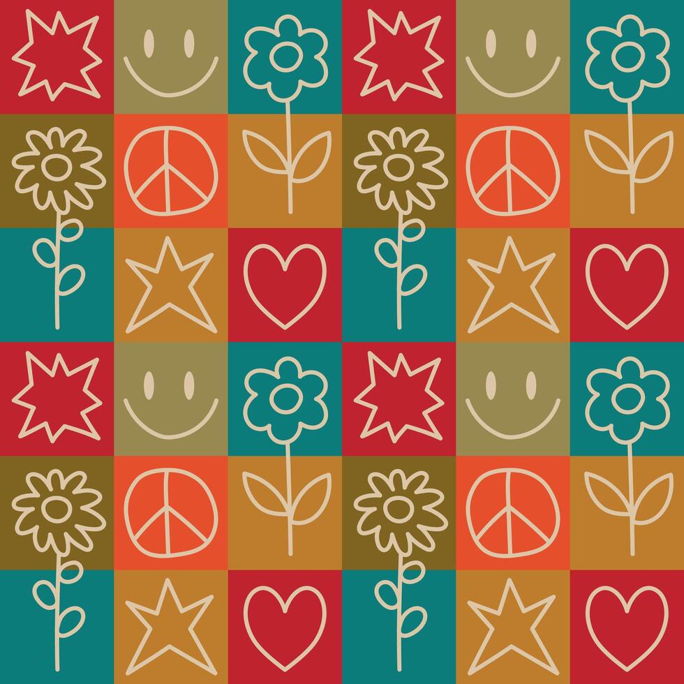 Retro hippie seamless pattern. Flowers, smiley face, heart, peace symbol in colorful squares. illustration for fabric, wrapping paper, cover, background vector