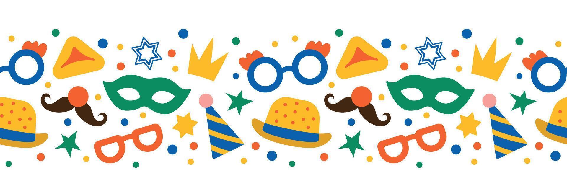 Purim seamless border. Carnival mask, clown nose, party cap and other festive elements. illustration for card, textile, banner, background vector