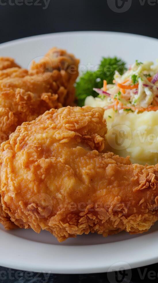 Crispy fried chicken and mashed potatoes and coleslaw salad. photo