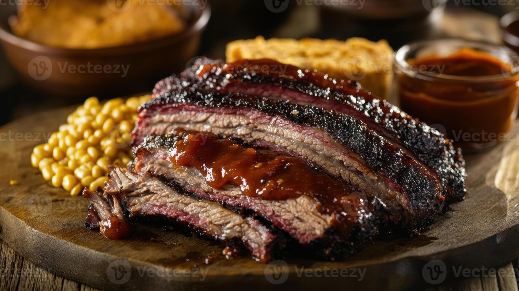 Slices of barbecue beef tenderloin with sauce and mustard photo