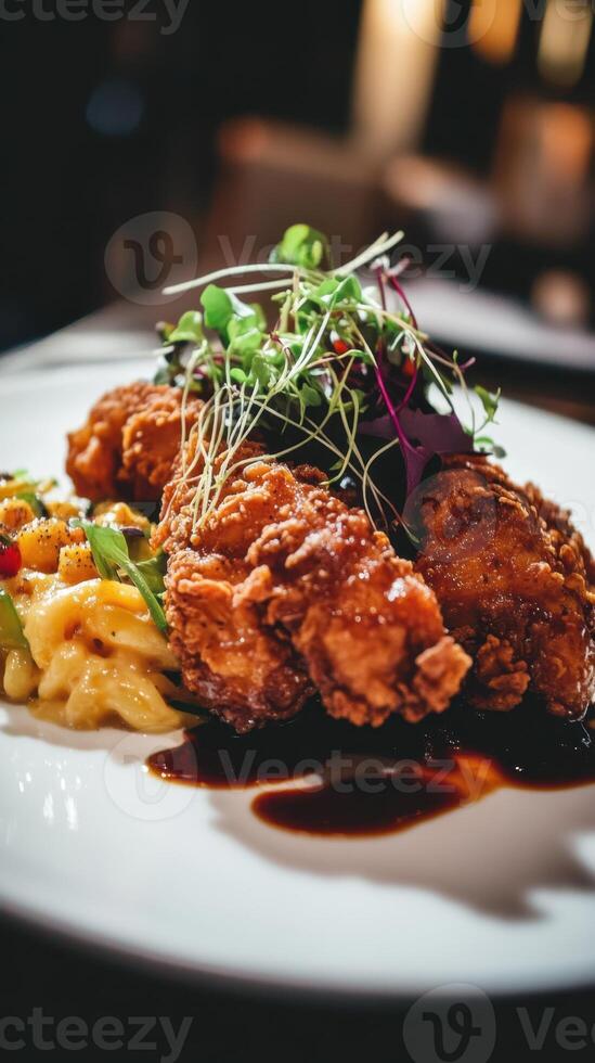 Crispy fried chicken fillet with french fries and vegetable salad photo