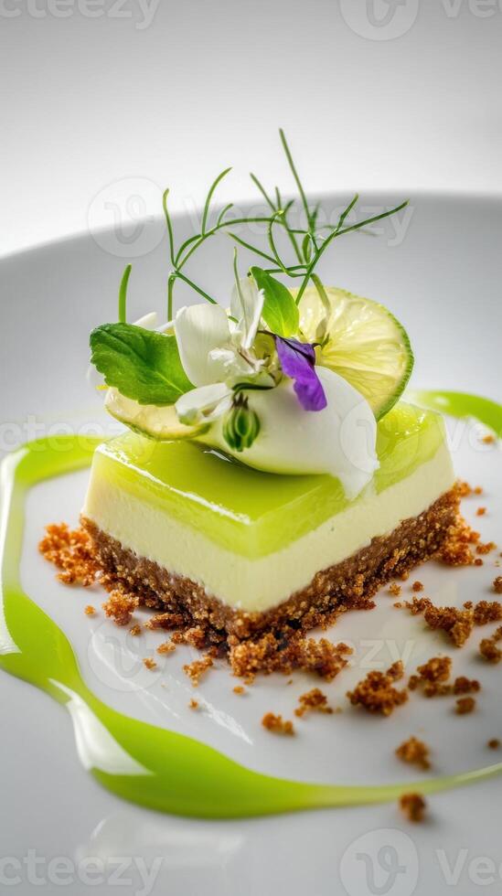 A dessert on a white plate with green and white flowers photo