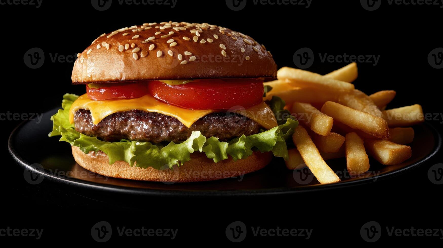 Cheese burger American cheese burger with Golden French fries isolated on black background photo