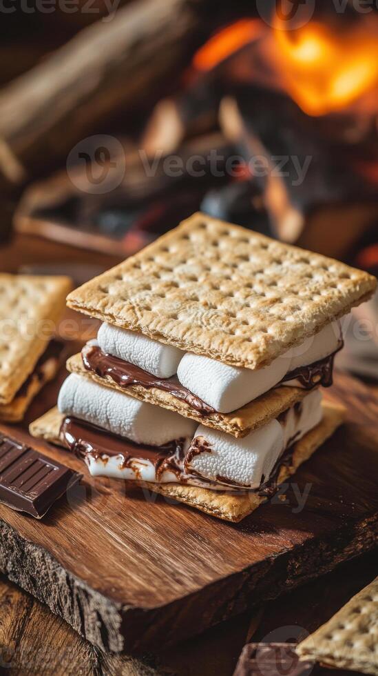 S'mores with chocolate and marshmallows on a wooden board photo