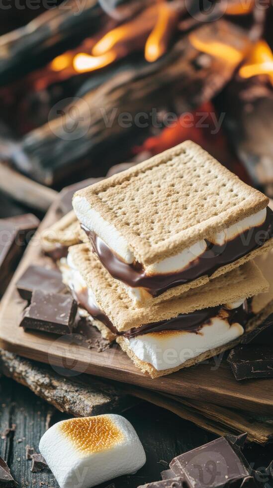 S'mores on a wooden board with marshmallows and fire photo
