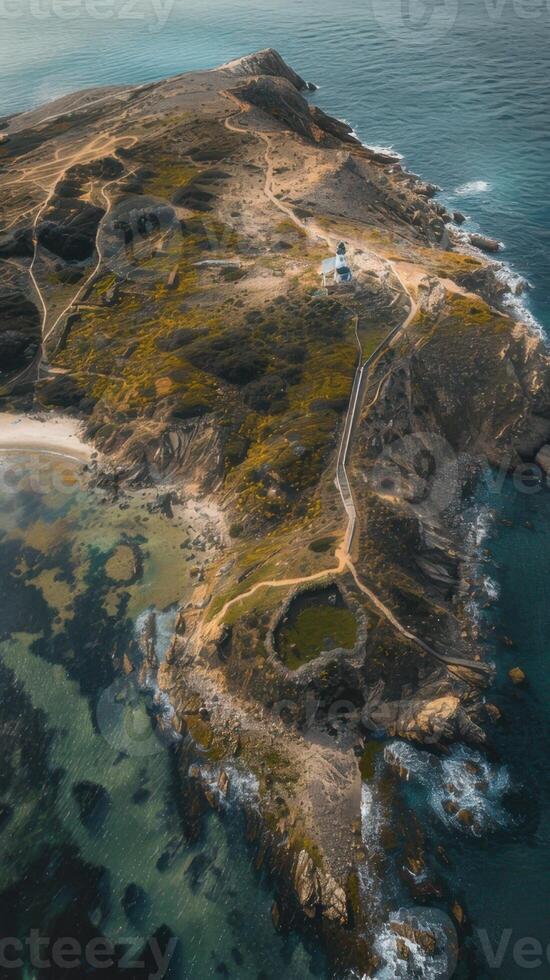 An aerial view of a small island with a lighthouse photo