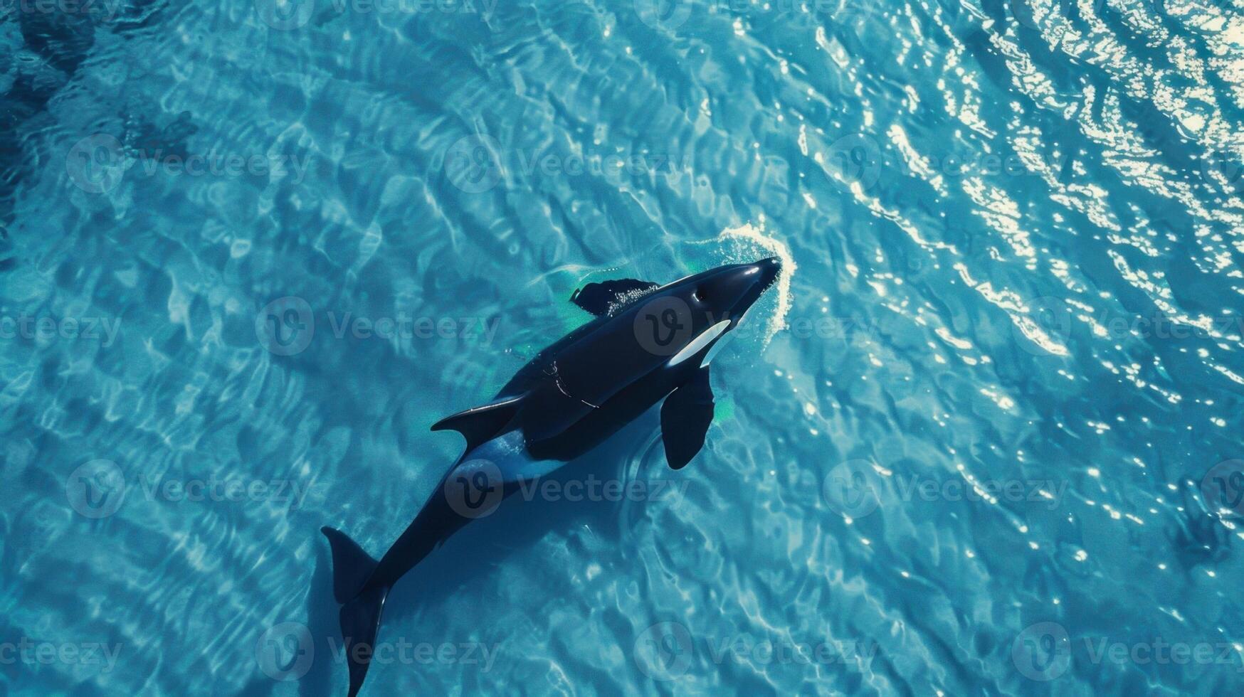 An aerial view of a killer whale swimming in the ocean photo