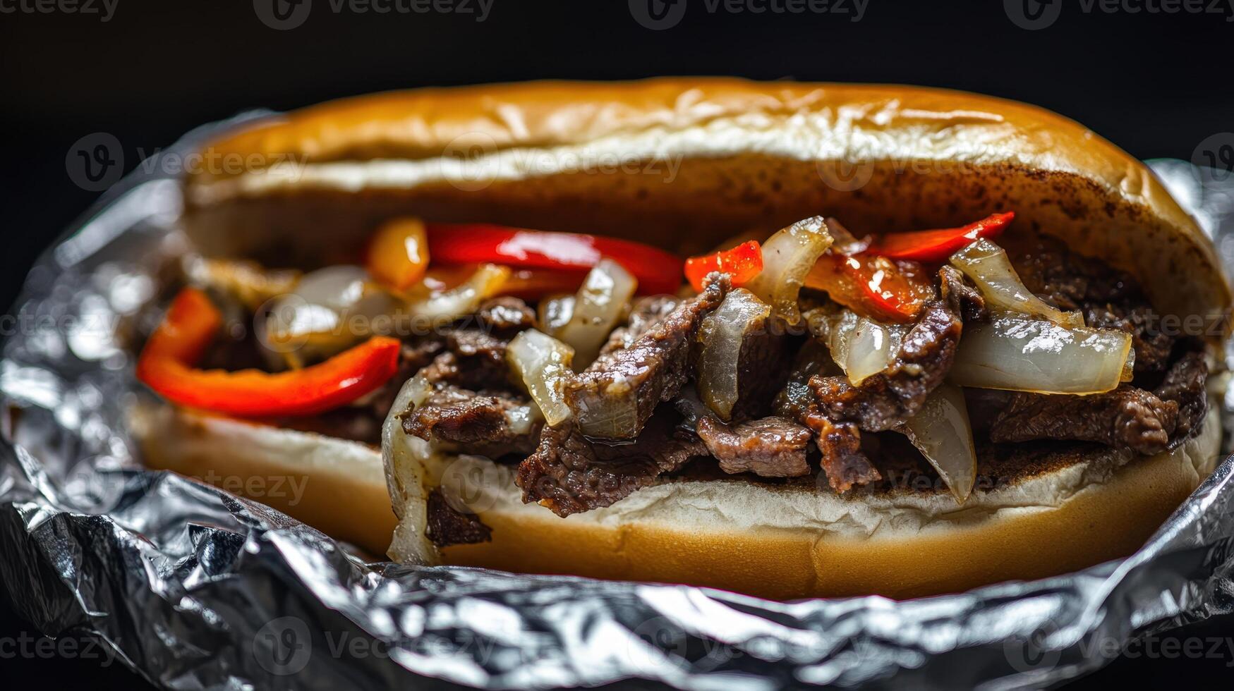 Beef Hamburger with onions and peppers on a dark background. Philly Cheesesteak photo
