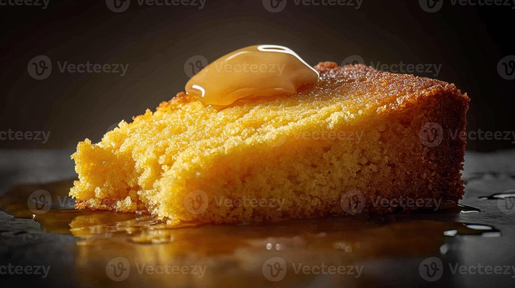 Piece of cake with honey on a dark background. photo