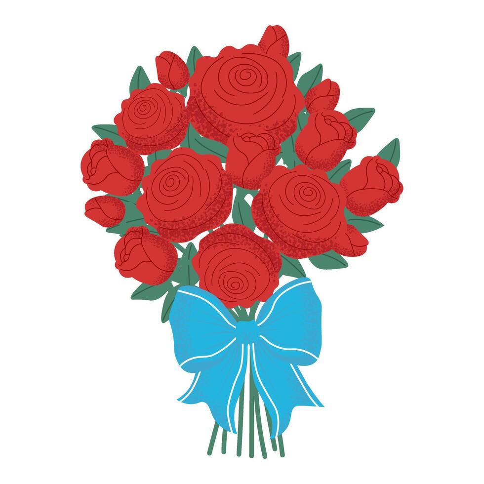 Bouquet of roses, rosebuds and leaves tied with a blue ribbon. Perfect for Valentine's Day, weddings and romantic events vector