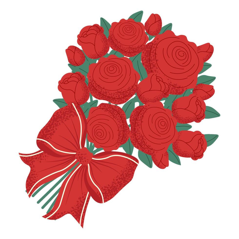 Bouquet of roses, rosebuds and leaves tied with a red ribbon. Perfect for Valentine's Day, weddings and romantic events vector