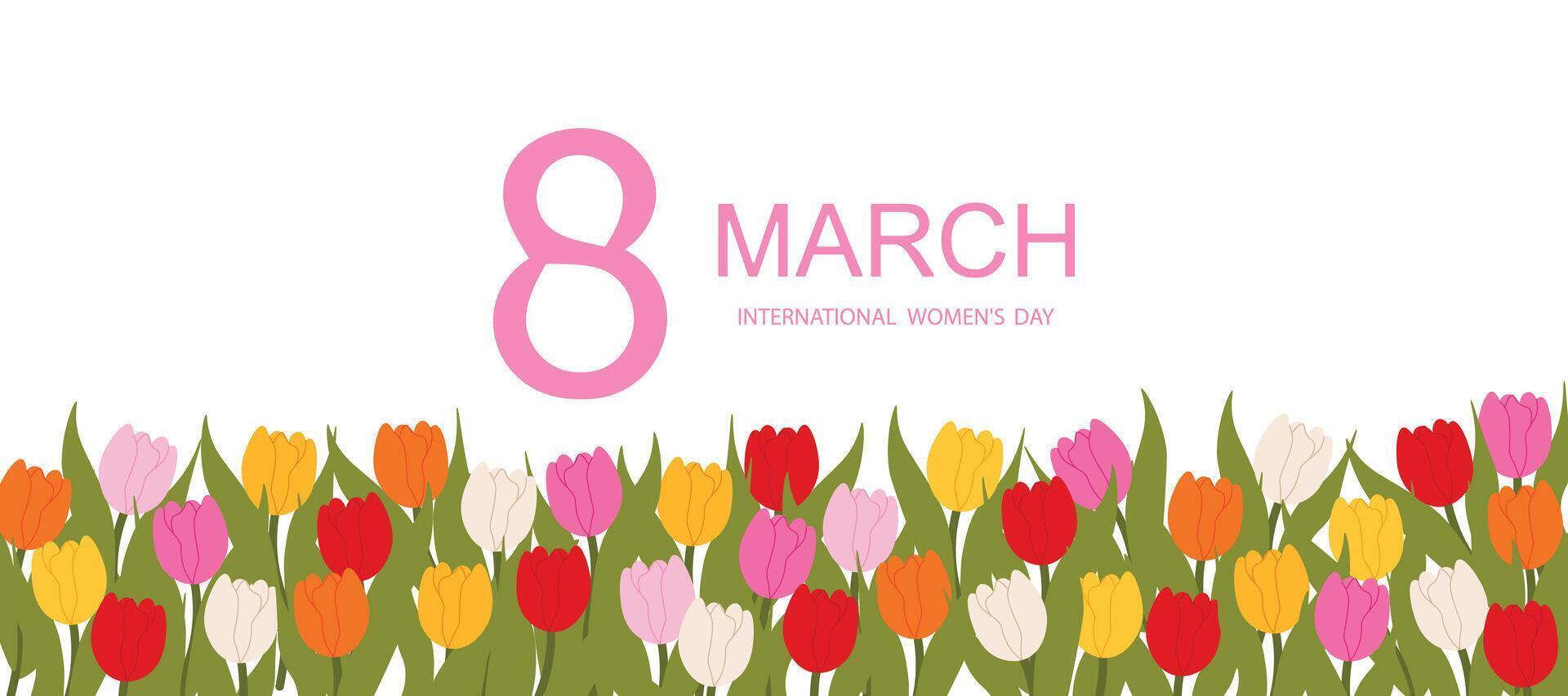 Simple greeting card design for March 8 celebration. Horizontal banner for Women's Day with tulips on a white background. Modern design for greetings vector