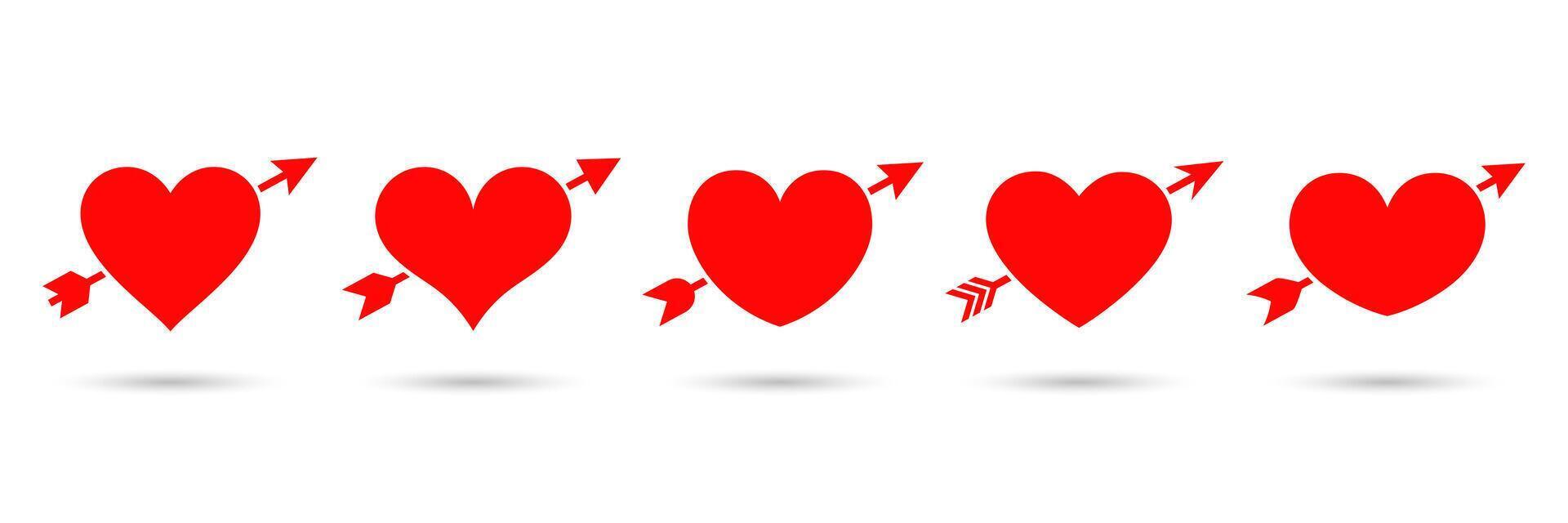 Set of red pierced heart icons for Valentine's Day. Heart icon set. Heart and arrow icons. Symbol lovestruck. vector