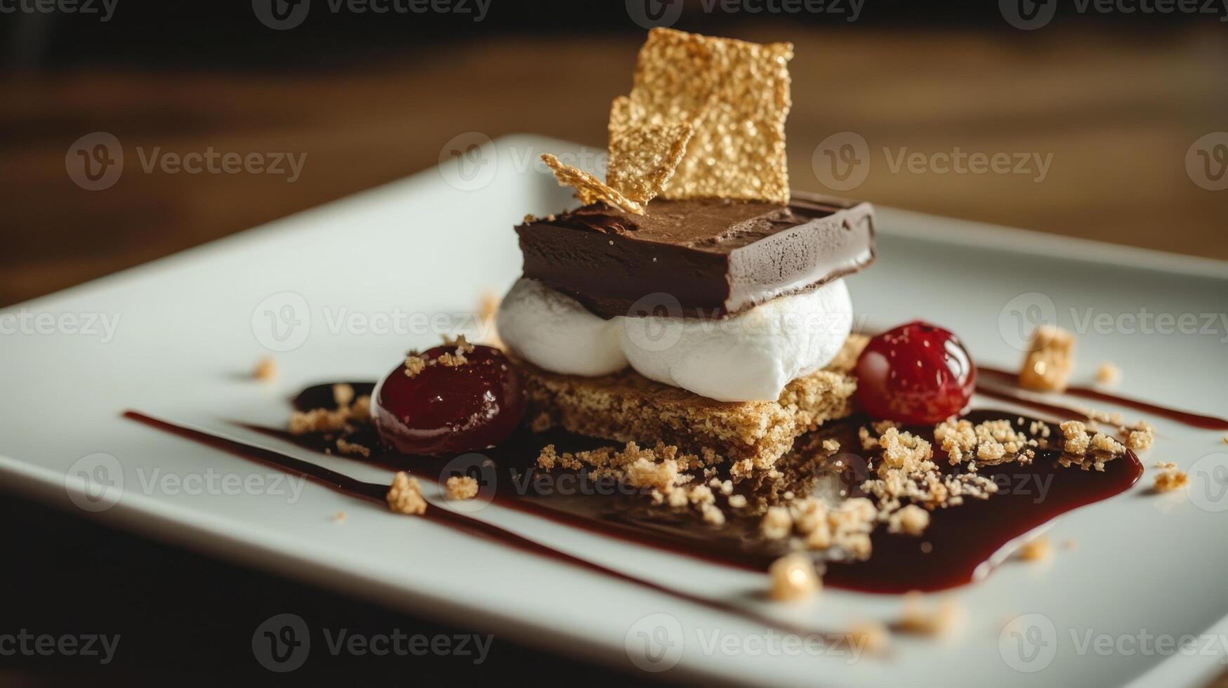 A dessert with chocolate and marshmallows on a white plate photo
