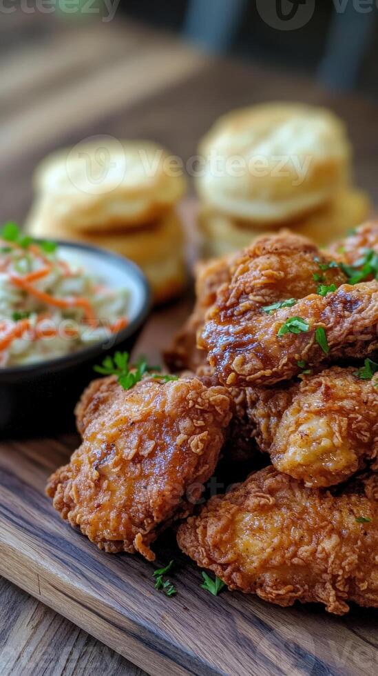 Fried chicken nuggets with coleslaw on a wooden board photo