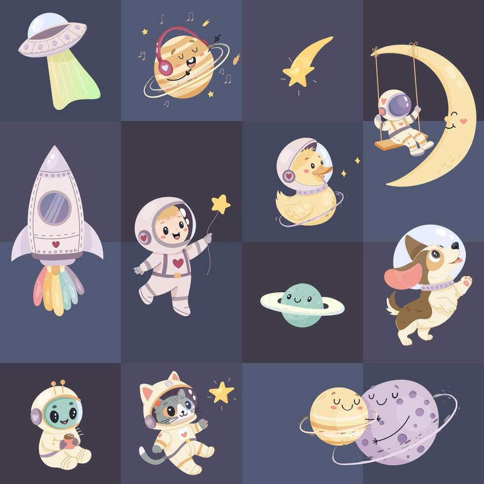 Seamless space pattern, cute space baby pattern. Astronaut cat, dog, rocket vector