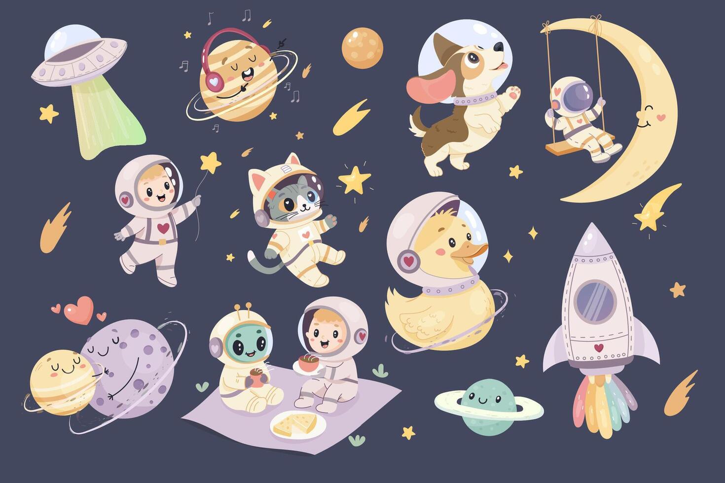 A set of cute space illustrations. Astronauts, rocket, cute cat and dog, duck, alien and planets. vector