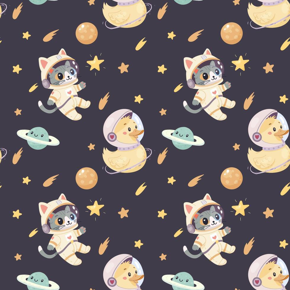 Seamless space pattern, cute space baby pattern. Astronaut cat, duck and planet vector