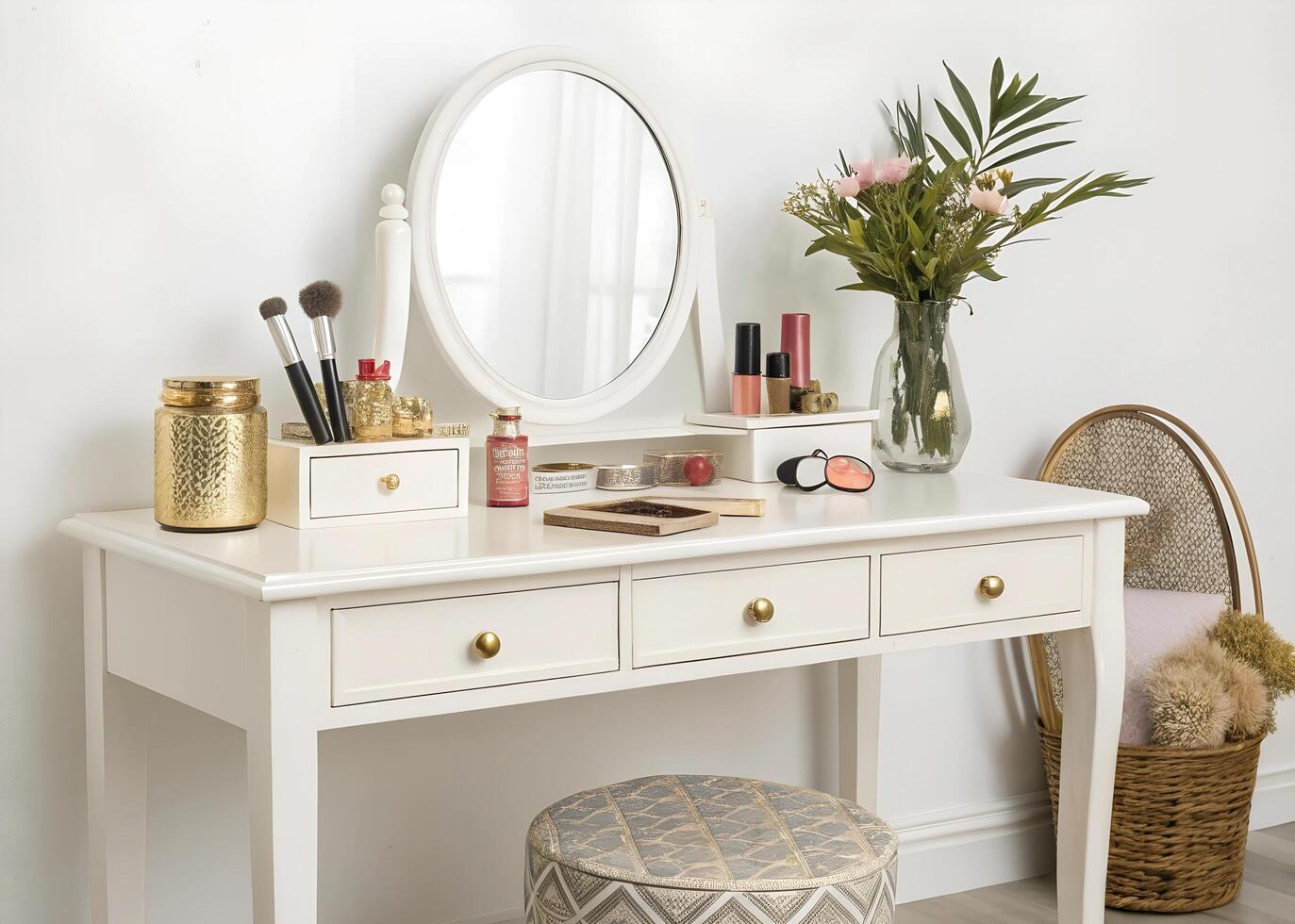 White Vanity Set with Gold Accents white background photo