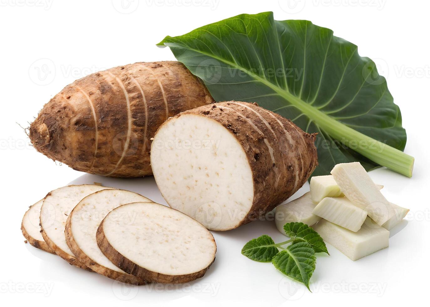 A root vegetable and most widely cultivated species of plants that are used as vegetables for their corms, leaves, stems and petioles. Isolated on white background photo