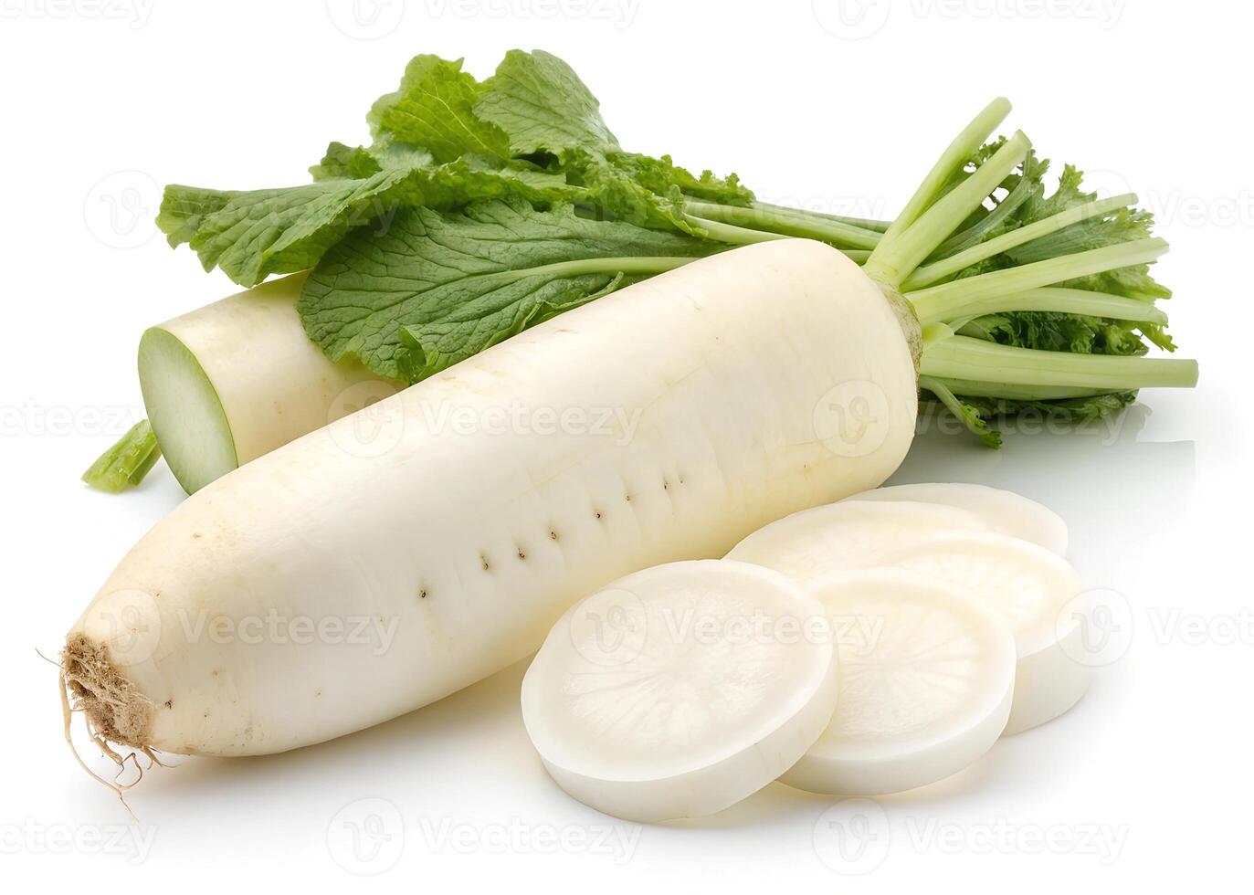 fresh white radish with slices isolated on white background photo