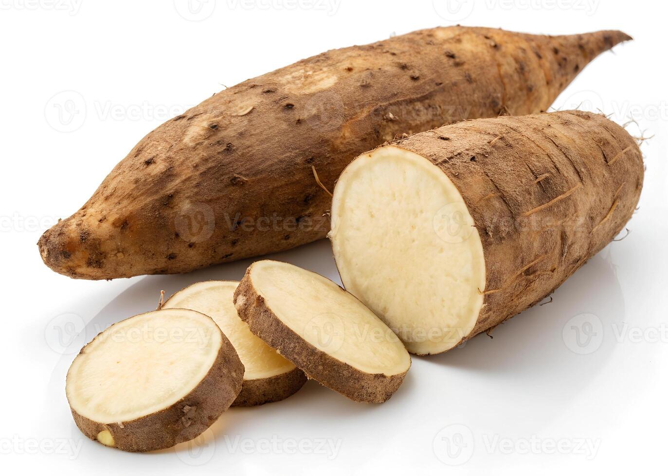 Taro root and slice with leaf isolated on white background. photo