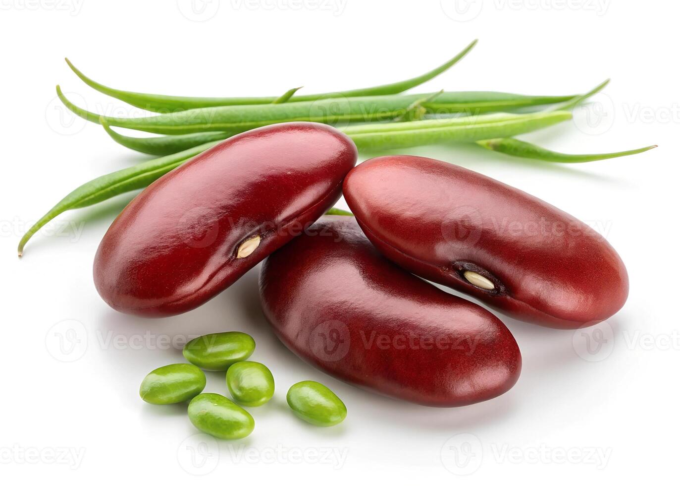 Red bean kidney in a wooden bowl isolated on white background, top view photo
