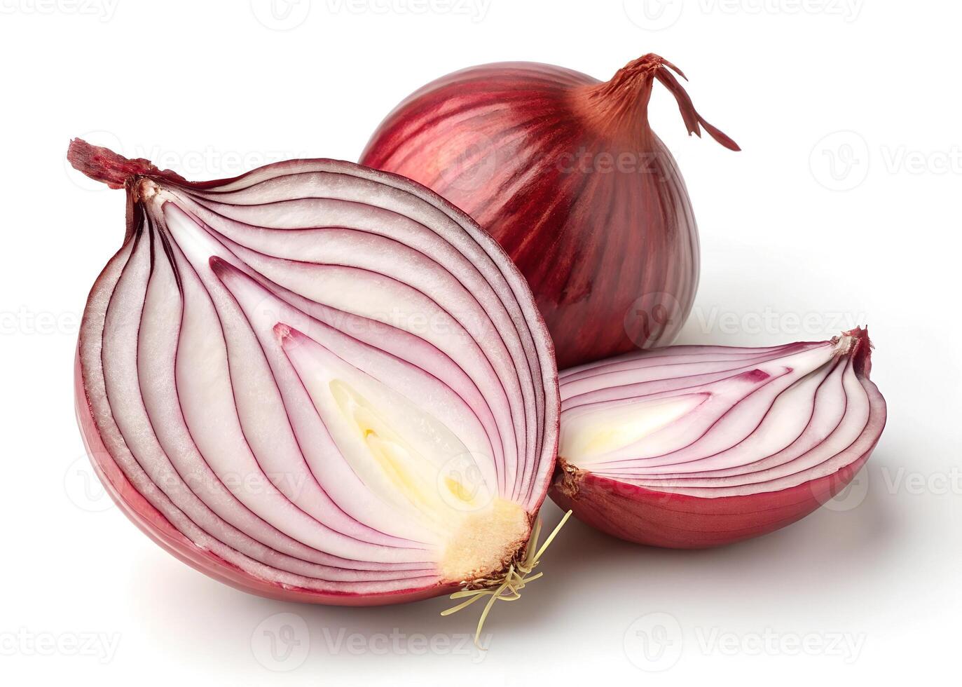 red onions, garlic with rosemary and peppercorns isolated on a white background. Top view. Flat lay photo