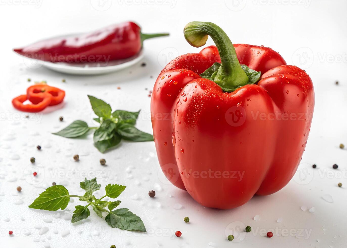 Four colorful bell peppers, red, green, yellow, and orange, isolated on a white background. photo