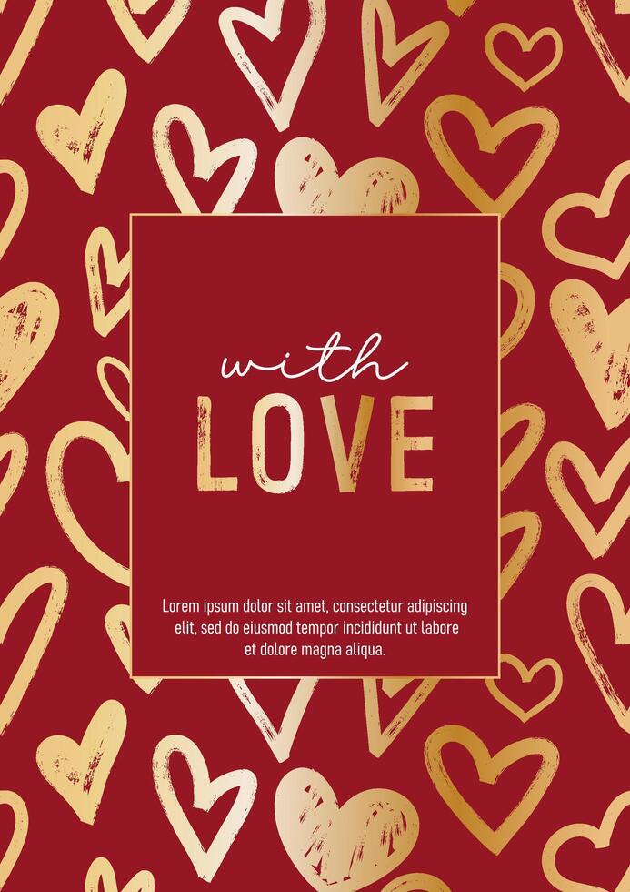 With love. Trendy template for valentines day with golden hearts pattern. Great for holiday invitation, greeting cards, flyers, banners and posters. vector