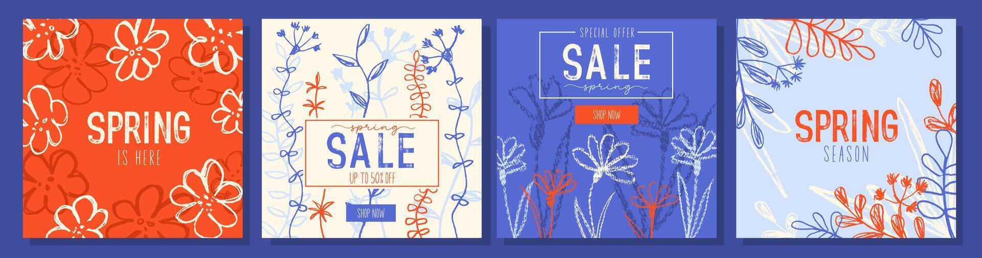 Spring floral templates set. Trendy design with spring flower, twigs and leaves. Great for spring seasonal promotion and discount, posters and banners. vector